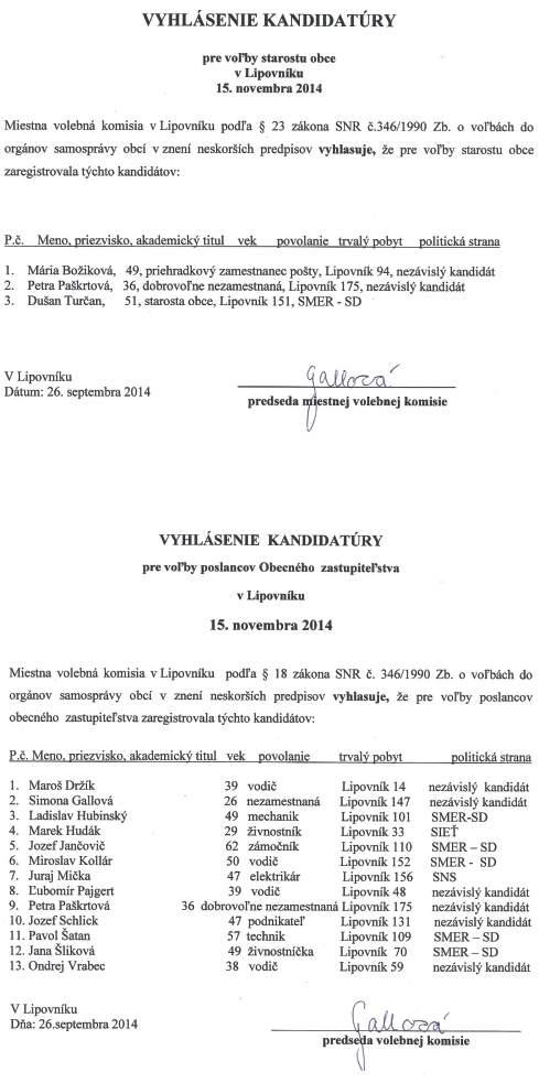 Voľby do orgánov samosprávy obcí 2014 Lipovník okres Topoľčany - kandidáti